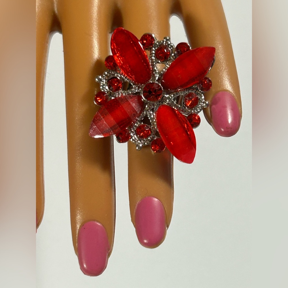 Stunning Ruby Red Statement Flower Ring Adjustable Bold Silver Tone‎